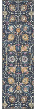 8' Navy Blue Yellow And Pink Floral Runner Rug