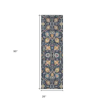 8' Navy Blue Yellow And Pink Floral Runner Rug