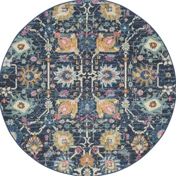 4' Navy Blue Yellow And Pink Floral Round Rug