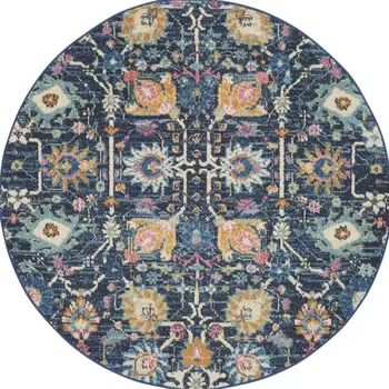 4' Navy Blue Yellow And Pink Floral Round Rug