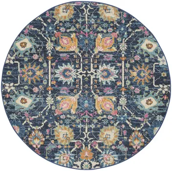 4' Navy Blue Yellow And Pink Floral Round Rug