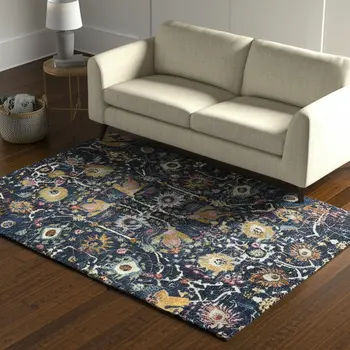 5' X 7' Navy Blue Yellow And Pink Floral Area Rug