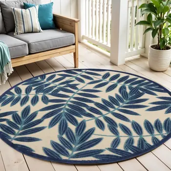 5' X 5' Blue And Ivory Round Floral Indoor Outdoor Area Rug