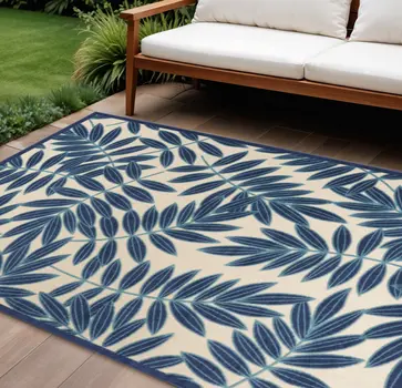 6' X 9' Blue And Ivory Floral Indoor Outdoor Area Rug