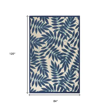 7' X 10' Blue And Ivory Floral Indoor Outdoor Area Rug