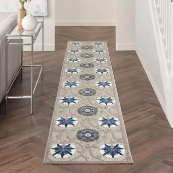 12' Blue And Gray Indoor Outdoor Runner Rug
