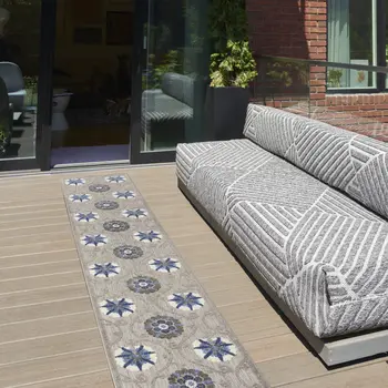 12' Blue And Gray Indoor Outdoor Runner Rug