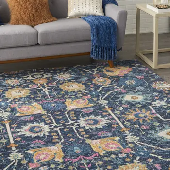 7' X 10' Navy Blue Yellow And Pink Floral Area Rug
