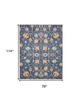 7' X 10' Navy Blue Yellow And Pink Floral Area Rug