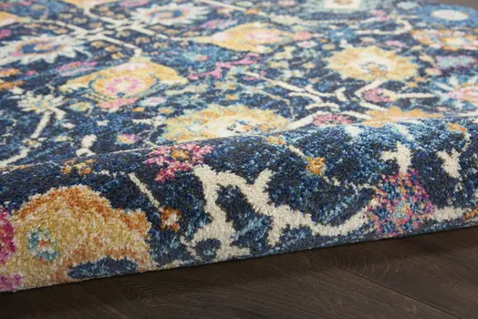7' X 10' Navy Blue Yellow And Pink Floral Area Rug