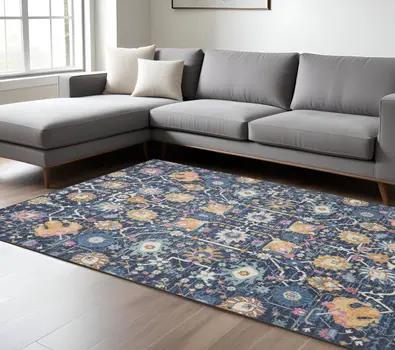 8' X 10' Navy Blue Yellow And Pink Floral Area Rug