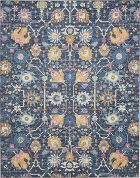 8' X 10' Navy Blue Yellow And Pink Floral Area Rug
