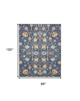 8' X 10' Navy Blue Yellow And Pink Floral Area Rug