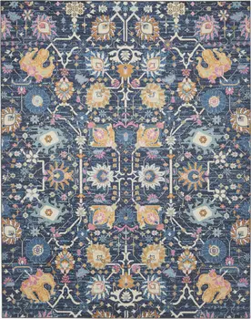 8' X 10' Navy Blue Yellow And Pink Floral Area Rug