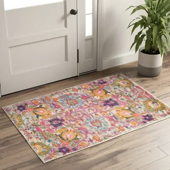 2' X 3' Silver Gray And Pink Floral Distressed Area Rug