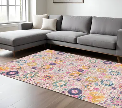 7' X 10' Silver Gray And Pink Floral Distressed Area Rug