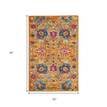 2' X 3' Blue And Orange Floral Distressed Area Rug