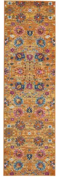 8' Blue And Orange Floral Distressed Runner Rug