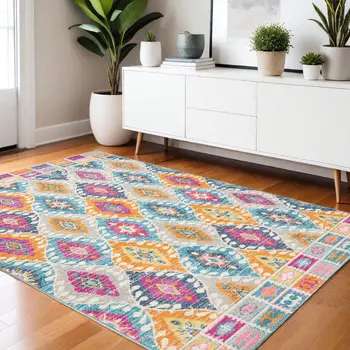 4' X 6' Gray Blue And Orange Ogee Distressed Area Rug