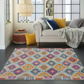 5' X 7' Gray Blue And Orange Ogee Distressed Area Rug