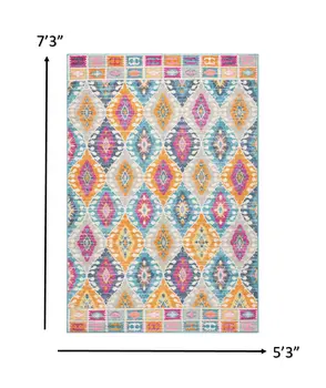 5' X 7' Gray Blue And Orange Ogee Distressed Area Rug