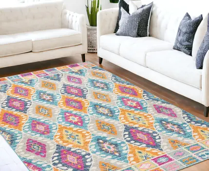 5' X 7' Gray Blue And Orange Ogee Distressed Area Rug