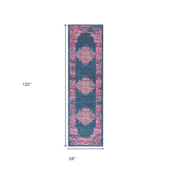 10' Blue And Pink Medallion Distressed Runner Rug