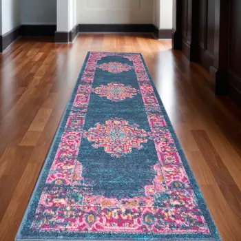 10' Blue And Pink Medallion Distressed Runner Rug