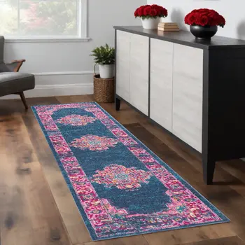 8' Blue And Pink Medallion Distressed Runner Rug