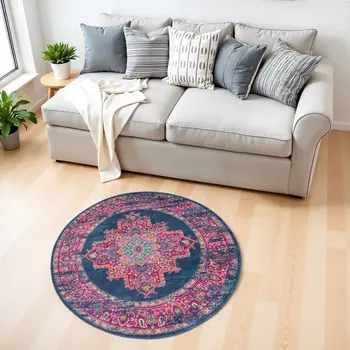 4' Blue And Pink Medallion Distressed Round Rug