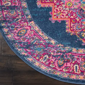 5' Blue And Pink Medallion Distressed Round Rug
