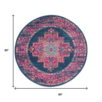 5' Blue And Pink Medallion Distressed Round Rug