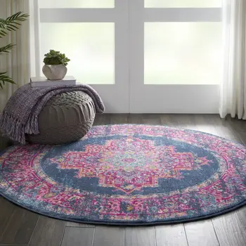 5' Blue And Pink Medallion Distressed Round Rug