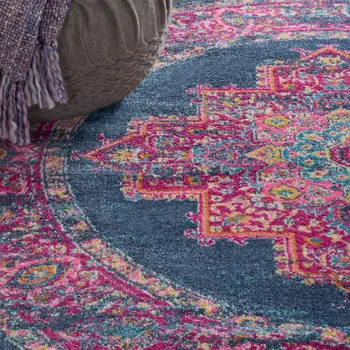 5' Blue And Pink Medallion Distressed Round Rug