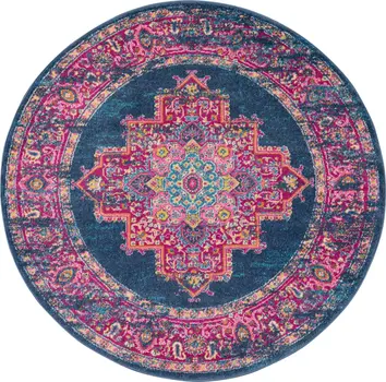 5' Blue And Pink Medallion Distressed Round Rug