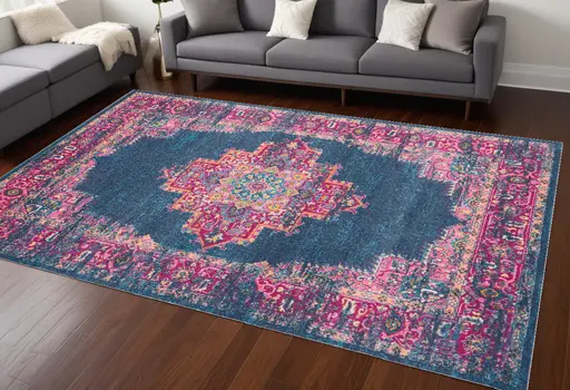 8' X 10' Blue And Pink Medallion Distressed Area Rug