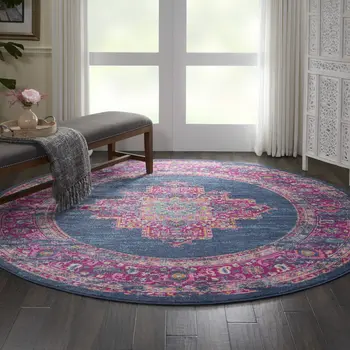 8' Blue And Pink Medallion Distressed Round Rug