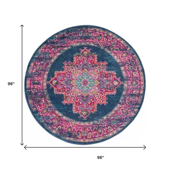8' Blue And Pink Medallion Distressed Round Rug