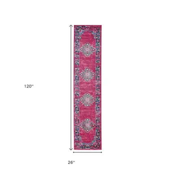 10' Fuchsia And Blue Oriental Distressed Runner Rug