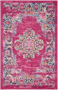 2' X 3' Fuchsia And Blue Oriental Distressed Area Rug
