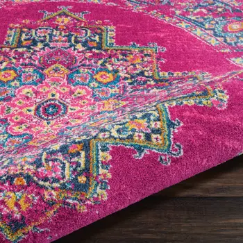 4' Fuchsia And Blue Oriental Distressed Round Rug