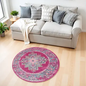 4' Fuchsia And Blue Oriental Distressed Round Rug