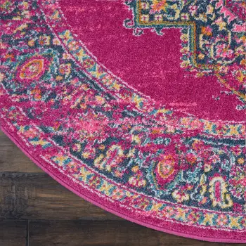 4' Fuchsia And Blue Oriental Distressed Round Rug