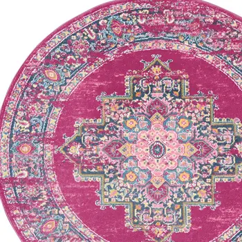 4' Fuchsia And Blue Oriental Distressed Round Rug