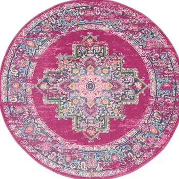 4' Fuchsia And Blue Oriental Distressed Round Rug