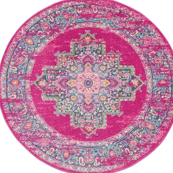 4' Fuchsia And Blue Oriental Distressed Round Rug