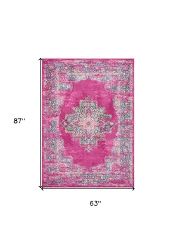 5' X 7' Fuchsia And Blue Oriental Distressed Area Rug