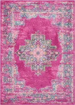5' X 7' Fuchsia And Blue Oriental Distressed Area Rug