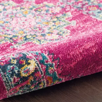 5' Fuchsia And Blue Oriental Distressed Round Rug