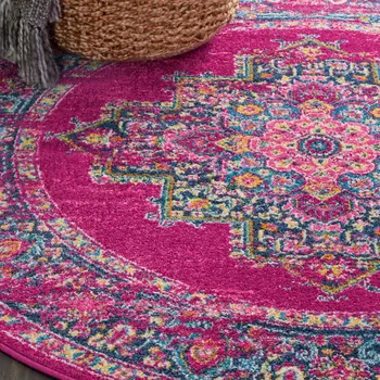5' Fuchsia And Blue Oriental Distressed Round Rug